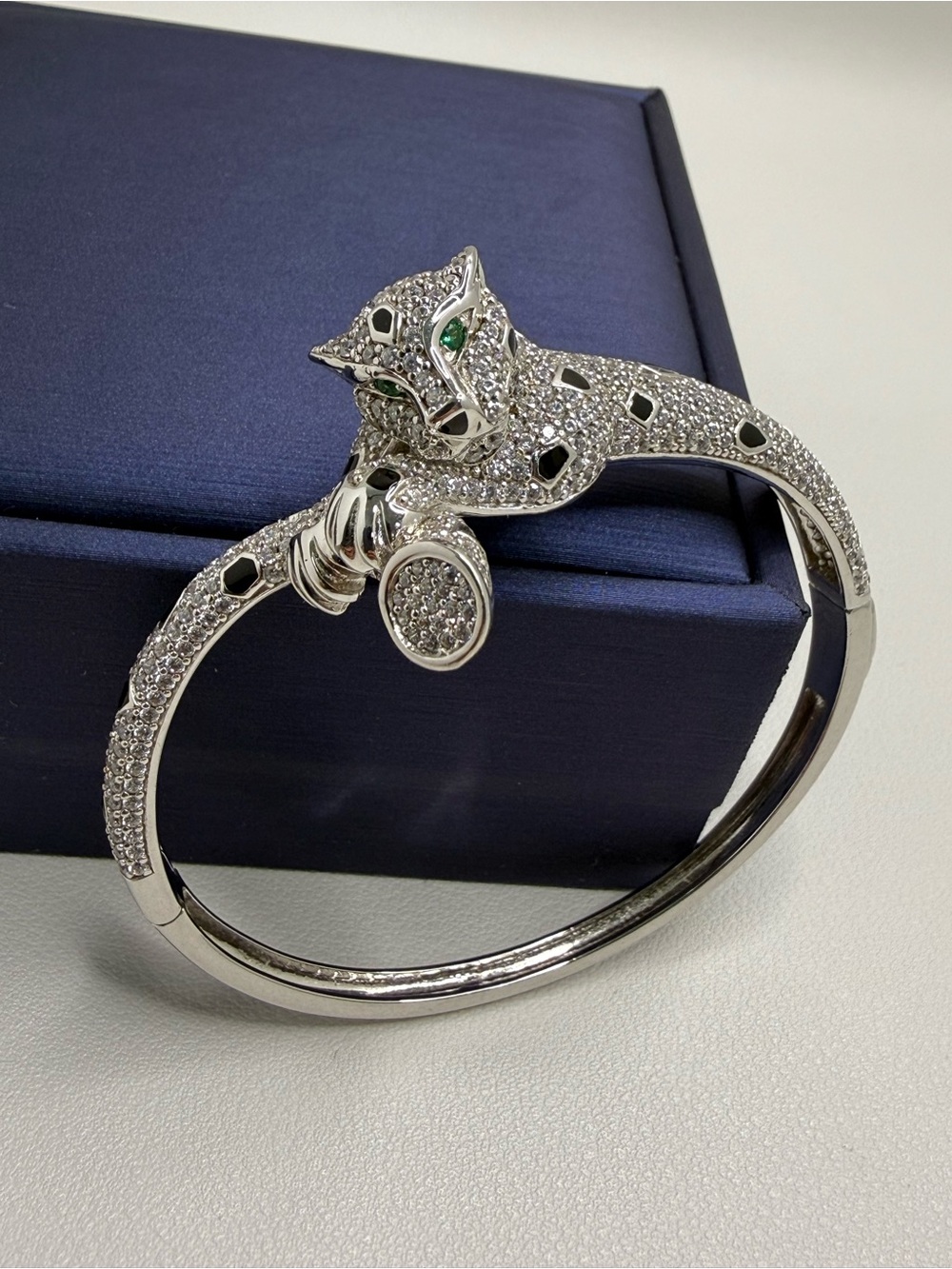 Leopard Head Sterling Silver Bangle Bracelet with Green CZ Eyes